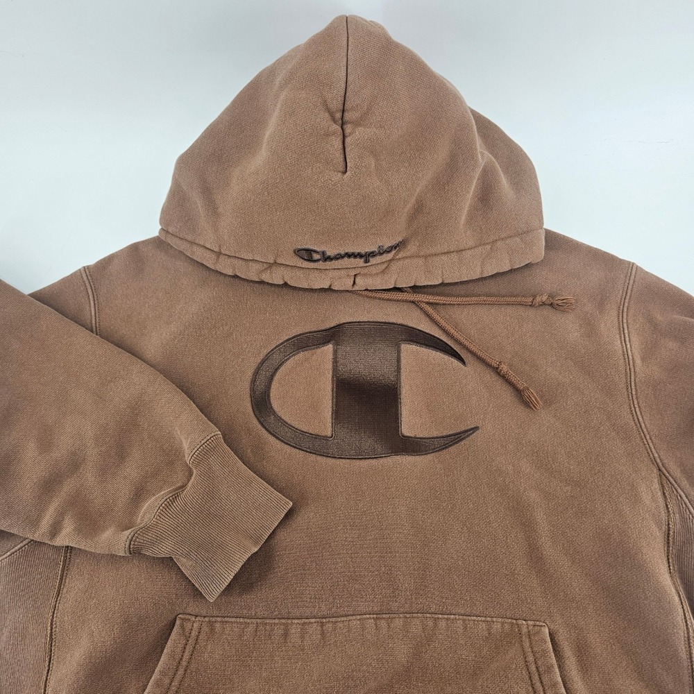 Champion Reverse Weave Hoodie Mens Medium Brown Big Logo Pullover GF68 ZXC